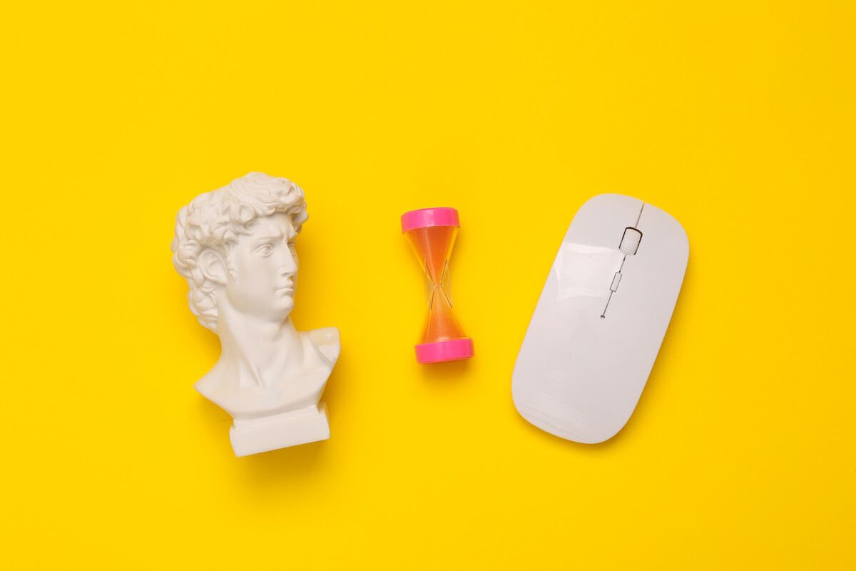 David's bust, hourglass and a computer mouse