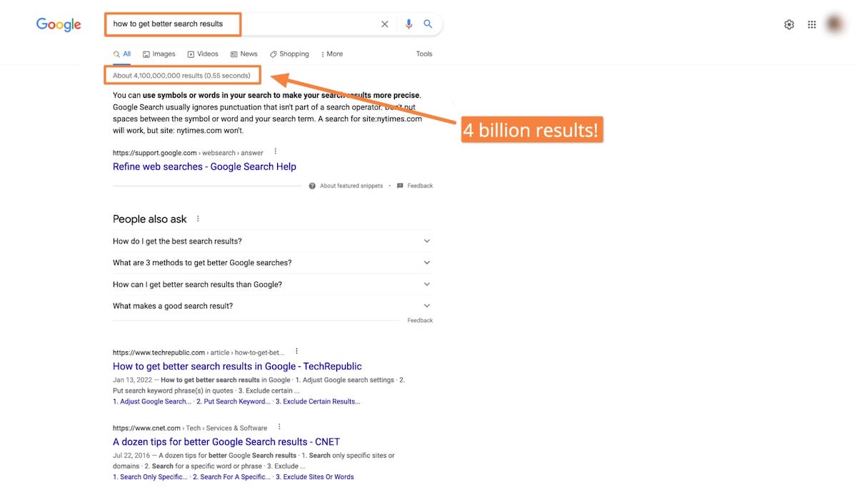 Screenshot of how to get better results in Google without operators