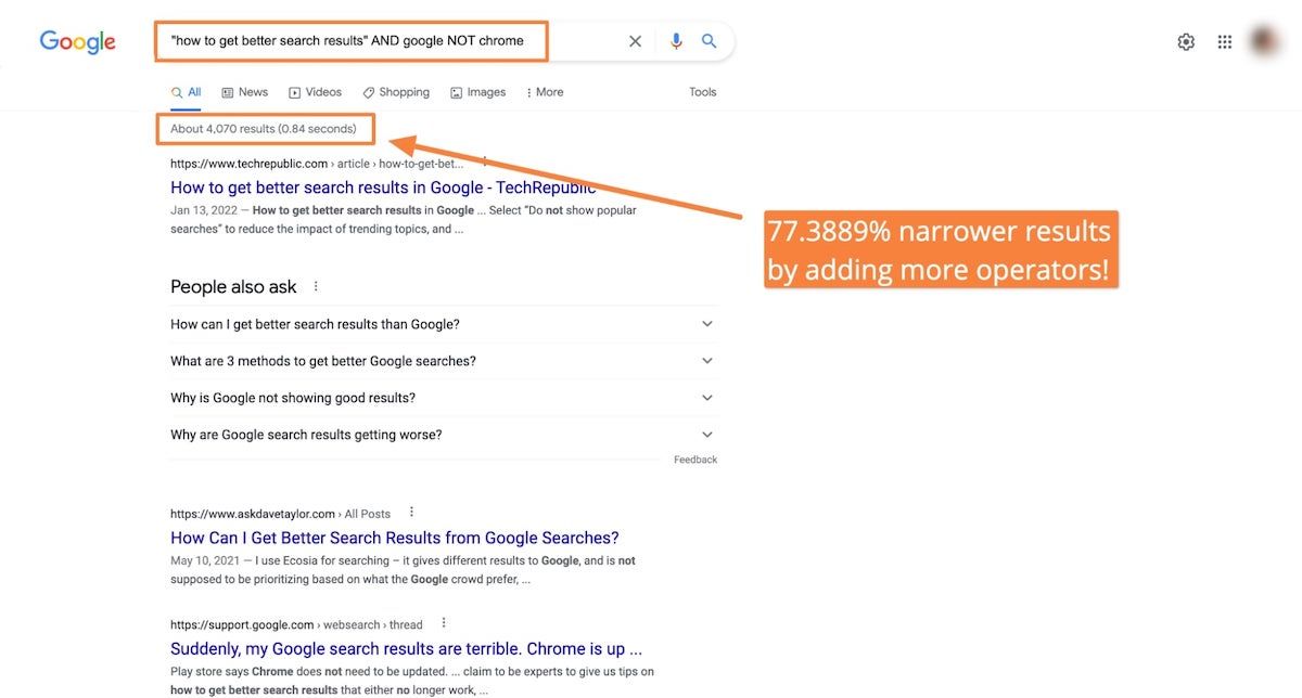 Screenshot of how to get better search results in Google