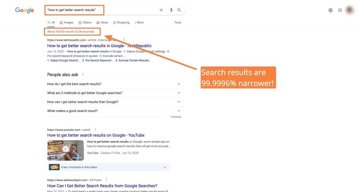 Screenshot of how to get better search results using Google